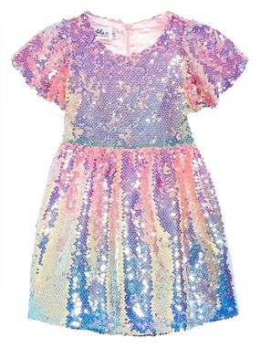 Lola + the boys little girls puff Sleeve pink Ombré Sequin fit flare Dress sz 8